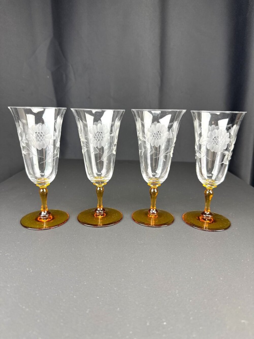 VTG WJ Hughes Cornflower Hand-wheel-cut Wine Glasses Amber Stems Tiffin Set of 4